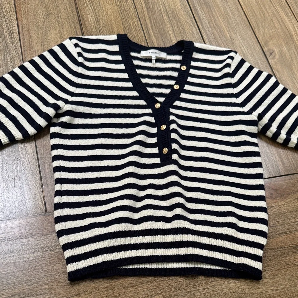 Frame Navy and White V-Neck Sweater with Gold Buttons - Picture 1 of 8